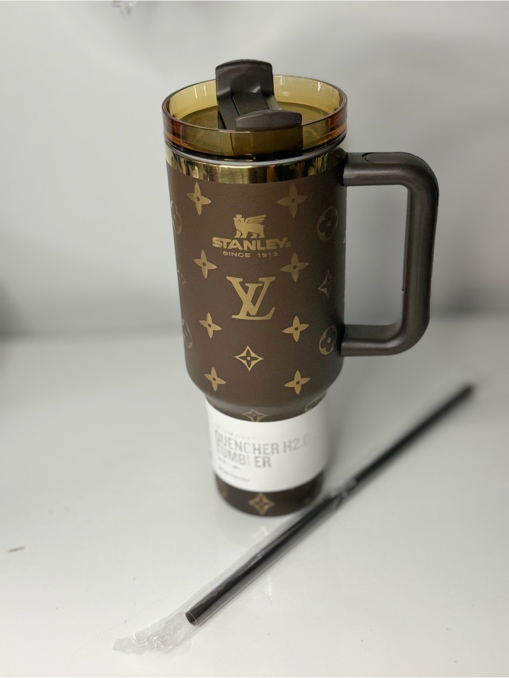 New! Stanley Brown and Gold Patterned Travel Mug with Handle
